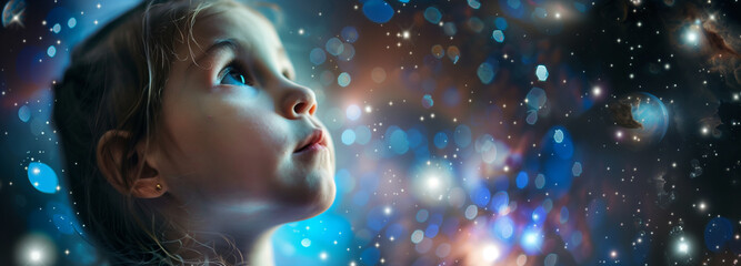 Little girl looking up in cosmos with curiosity and wonder ,  love and peace concept