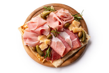 Tagliere con affettati misti - prosciutto crudo, prosciutto cotto, mortadella e pecorino romano,...