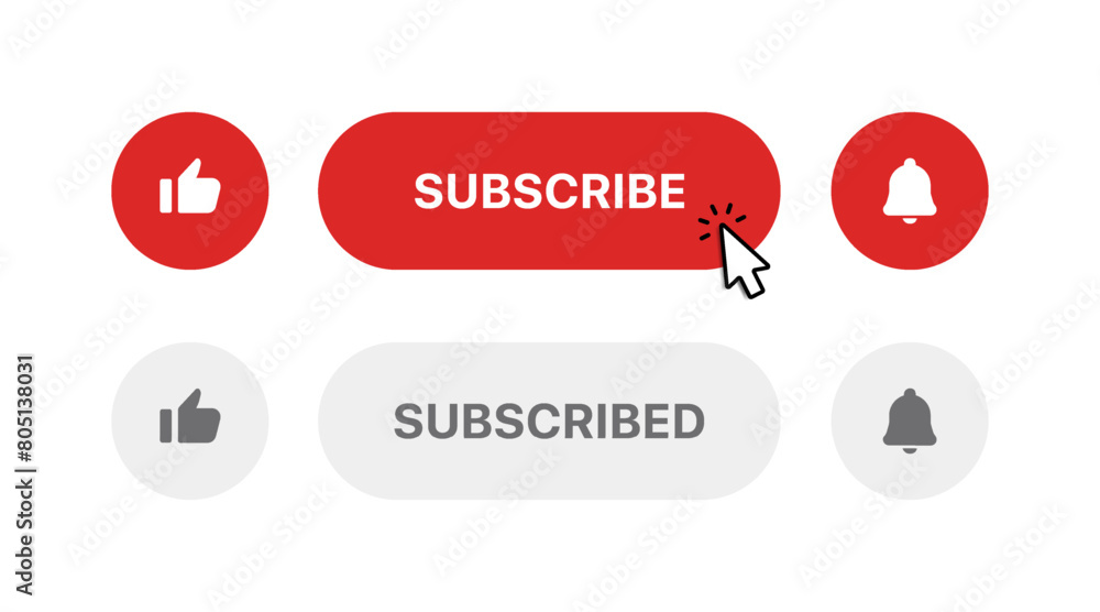 Poster Subscribe button Bell, notification icon button and hand cursor click. Red button subscribe to channel social media, marketing, blog. Vector illustration for website, mobile app, UI UX. EPS 10