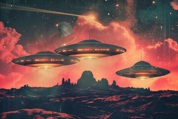 World UFO Day, Postcard in retro style