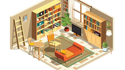 Living room isometric design with table chair bookcas