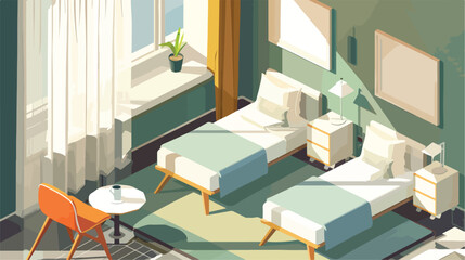 Living room isometric design with table chair two bed