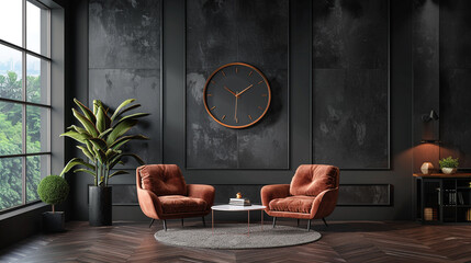 A sophisticated, charcoal grey wall with a modern, analog clock in rose gold.