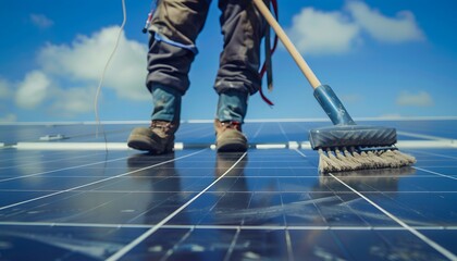 Obraz premium a man cleaning a solar panel with a broom on a roof