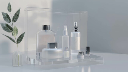Explore the world of skincare and makeup with cosmetic bottles beautifully presented on sleek counters. AI generative.