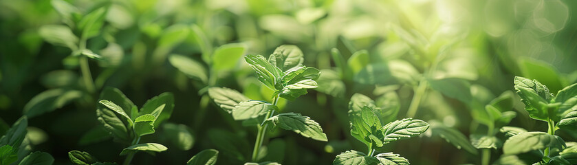 Fresh mint leaves growing in the garden, closeup, Selective focus, AI Generated
