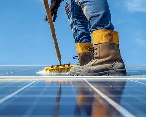 a man cleaning a solar panel with a broom on a roof