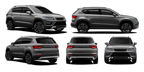 Realistic Vector Gray Car SUV with gradients, isolated + shadow in front, back, side and isometric view