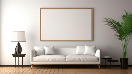 White minimalist bright living room Mock up poster frame modern interior background.