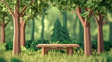 Nature green forest wooden table stand for product mock up landscape paper art background.