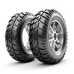 Sports Vehicle car tire with metallic alloy rim on a white background.