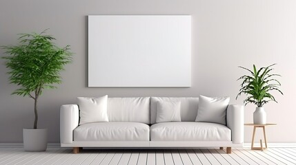 White bright living room Mock up poster frame modern interior background.