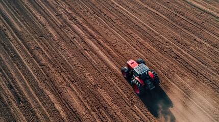 Aerial View Farmer in tractor preparing farmland cultivating field, Industrial agriculture.