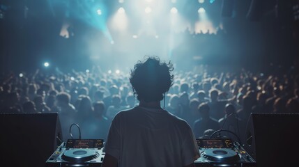 Immersed in the Atmosphere of a DJ in Action, Seen from the Back as They Ignite the Dancefloor