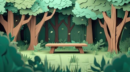 Nature presentation showcase forest a wooden table stand landscape background. 