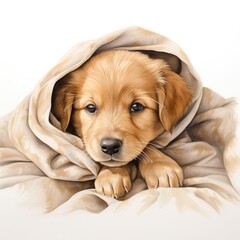 Front view baby dog in a blanket on a white background.