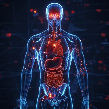 Transparent full body x ray illustration showing all organ systems, essential tool for physiology and biology