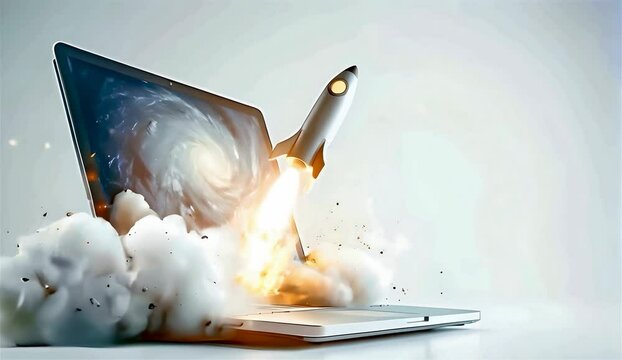 Rocket coming out of computer (laptop), white background
