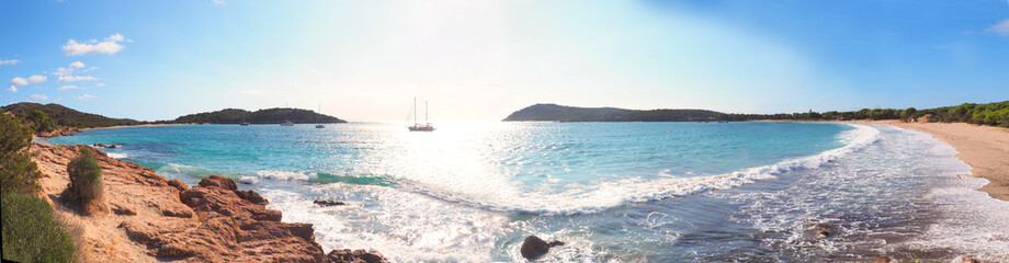 Panoramic view of the beautiful Rondinara beach near Bonifacio, Corsica (Island of Beauty). The turquoise water of the sea and the white sand beach will make you believe that you are in the Caribbean