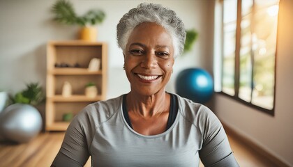 Professional Portrait of an active black African American mature woman smiling and doing fitness