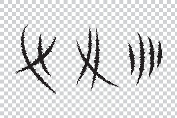 Animals claw scratches icons set. Claw scratches collection. Realistic illustration with black animals claw set. Grange scratches. Set of claws. Wild animals concept. Vector graphic.