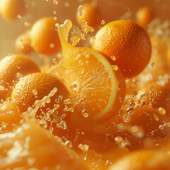 Juicy Oranges and Slices Splashing in a Burst of Sparkling Golden Liquid