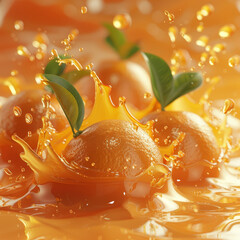 Orange Fruit Making a Colorful Splash in Sparkling Juice, with Leaves