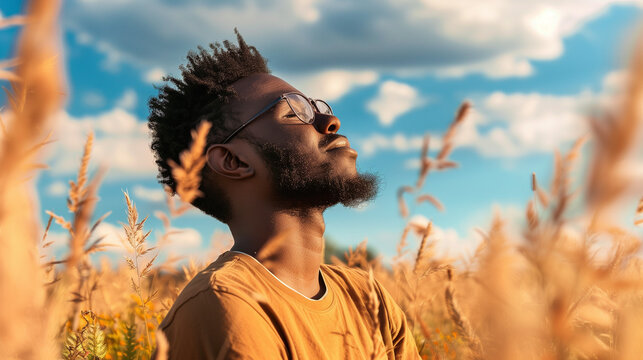 young black man in the field breathing in fresh air	