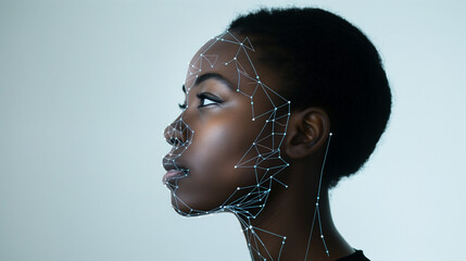 side profile portrait of a black female with a tech pattern overlay, portraying a cyber security analyst of artificial intelligence and the future of ai in the workplace	