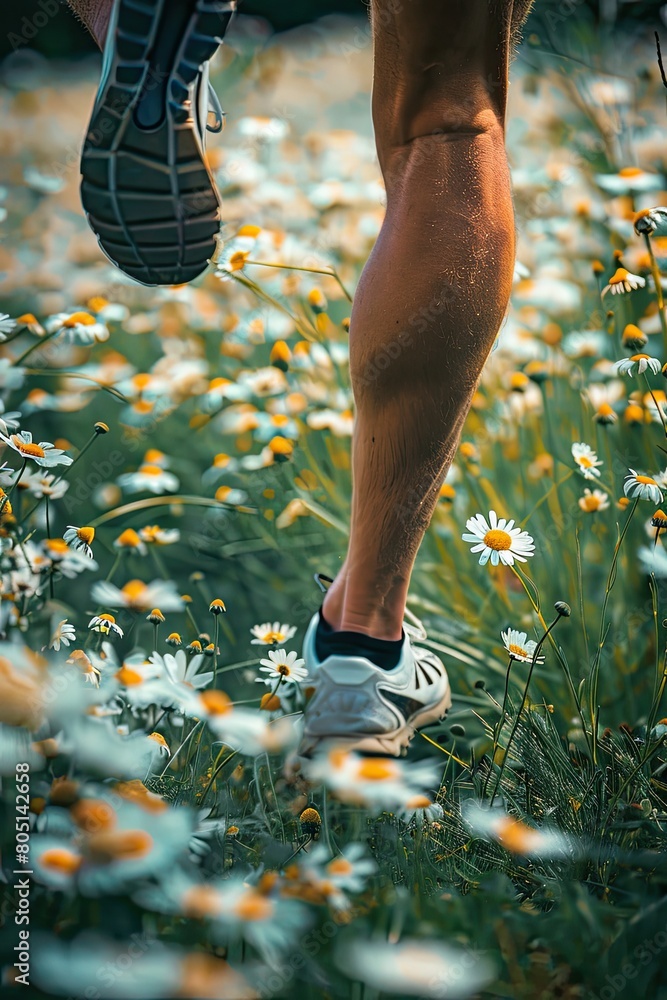 Wall mural close-up of athlete's legs running across a field of daisies