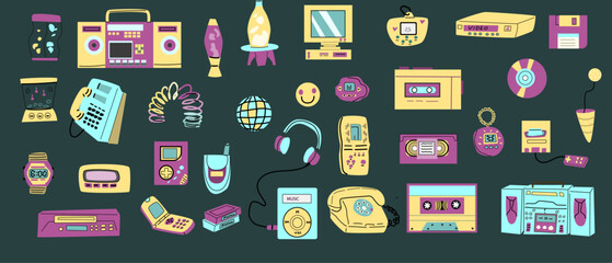 90s retro elements set or 80s, or y2k elements, retro style, game and music items. Can use for stickers, banner, greeting card.