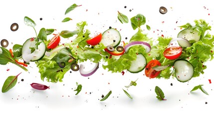 Fresh salad ingredients suspended in air on a white background. Vibrant, healthy food concept. Perfect for culinary designs. AI