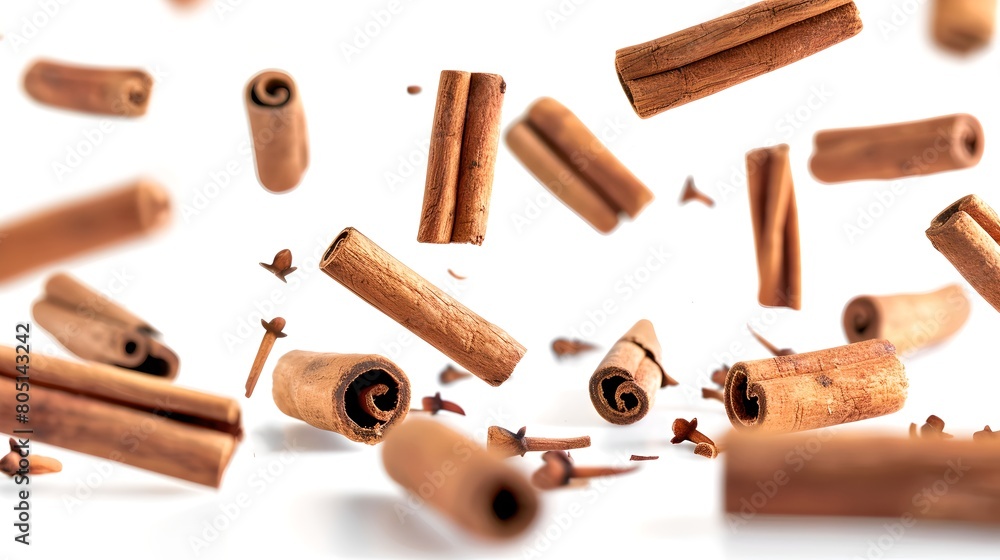 Poster whirling cinnamon sticks frozen in mid-air against white background. capturing the dynamic motion of
