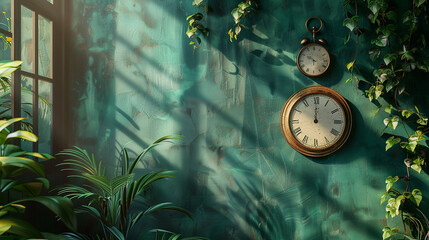 Deep forest green wall with a vintage brass clock hanging on it,