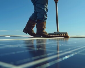 a man cleaning a solar panel with a broom on a roof