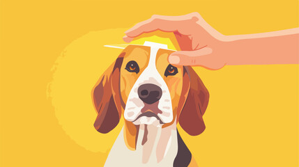 Hand with paper hat and cute Beagle dog on yellow background