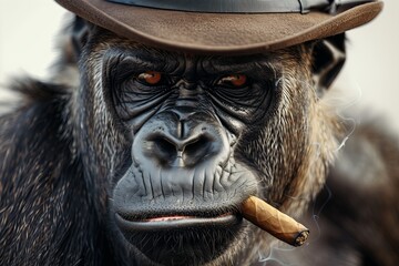 mafia gorilla with hat smoking a cigar on a white background