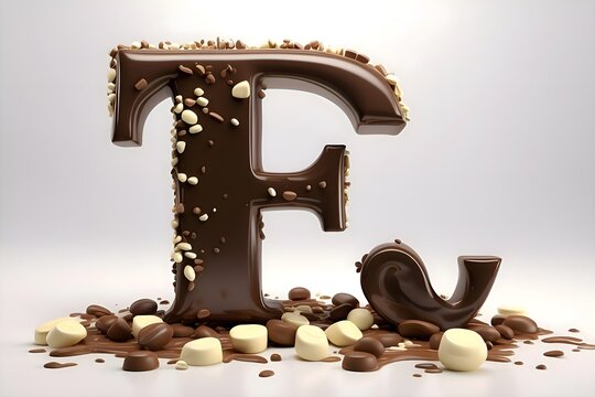 The letter F 3D, in the colors of brown chocolate and white chocolate, chocolate dripping from the letter, small chocolates near the lettera smooth white background.