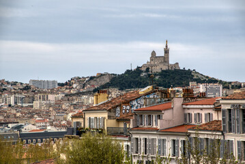 View of Marseille with the Basilica of Notre Dame de la Garde in the background. France.