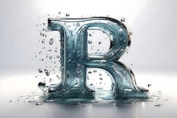 The letter R 3D, made of beautiful and sparkling glass, water drops run down on it, a smooth white background.
