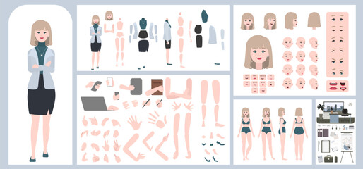 Business woman avatar creation suitable for animation. Generator, constructor of diverse views of eyes, lips, emotion expressions mouth animation and lip sync. Girl character face and body move.	