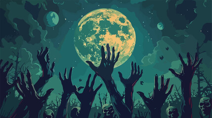 Hands of zombies and full moon in night sky Vector style