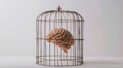 Caged Mind: Human Brain Confined Against White Background. Generative AI