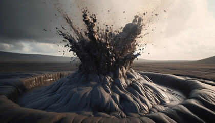 A close-up of a mud volcano during an explosive eruption. Thick, dark mud and gas erupted from the crater, spraying and forming jagged mounds around the area. The mud is textured and the scene capture