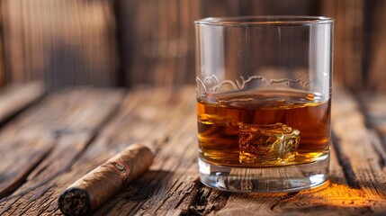 A glass of whiskey and a pipe stand on an old brown wooden table and table across the window. A slightly dim light enters the environment from the window and illuminates the table.
