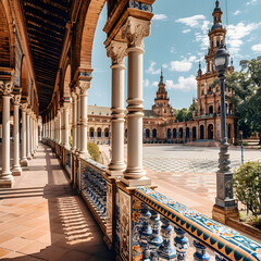 Sunny day at the historic plaza de espana, showcasing ceramic tiled rails and grand columns