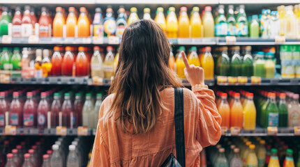 Woman choosing drinks in a colorful supermarket aisle, in front of a product shelf like refreshing bottles of soda or juice inside a grocery store, making a choice hd