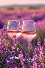 glasses with pink wine on lavender background