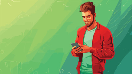 Handsome man using mobile phone on green background Vector