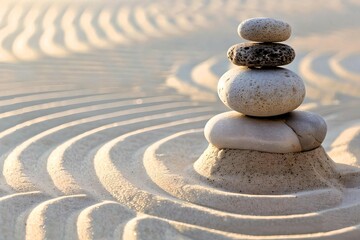 Zen stones stacked in a balance on a sandy background with concentric circle patterns around them.
